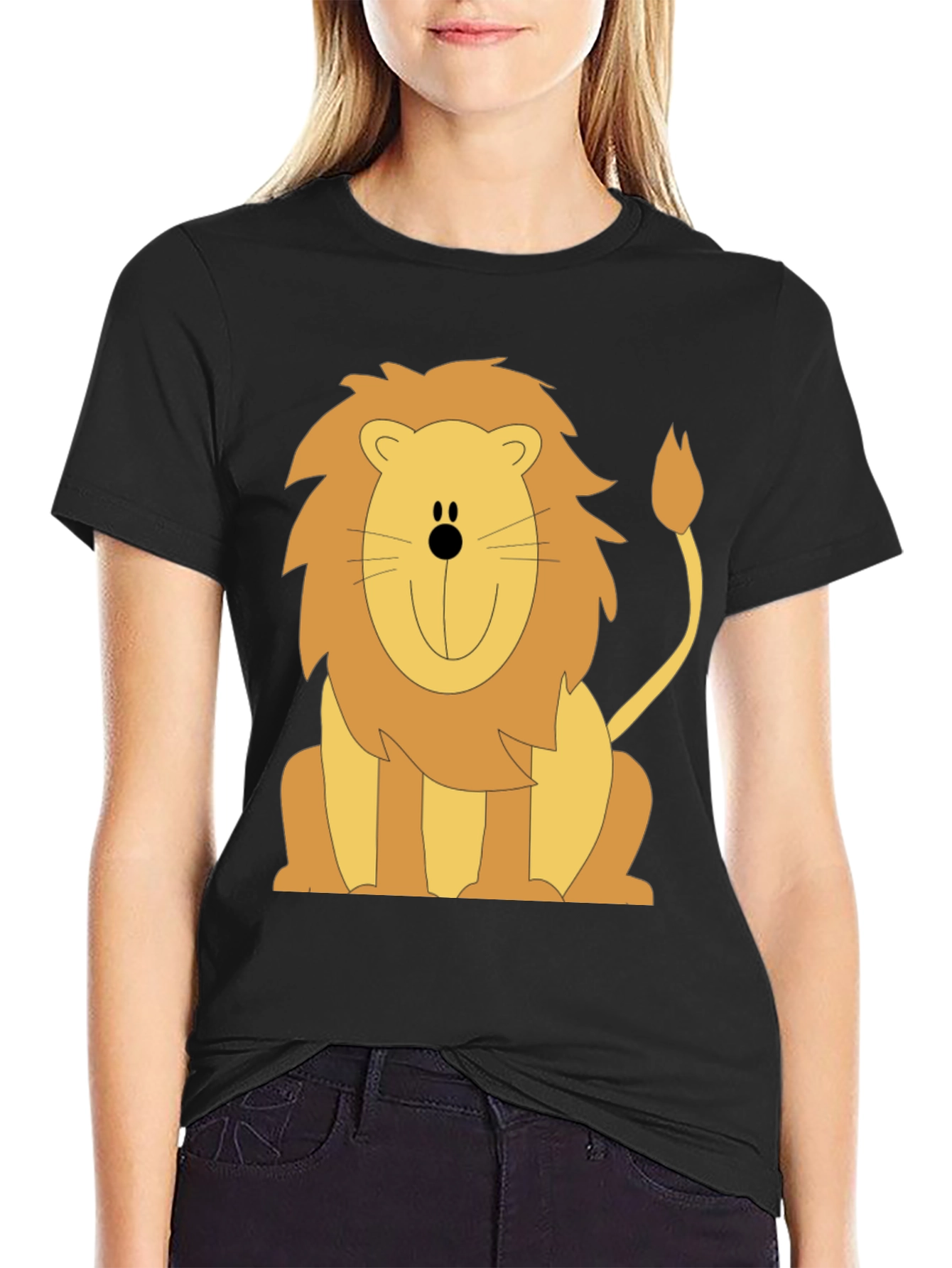 Cartoon Lion Graphic T-Shirt - Black Cotton Tee
