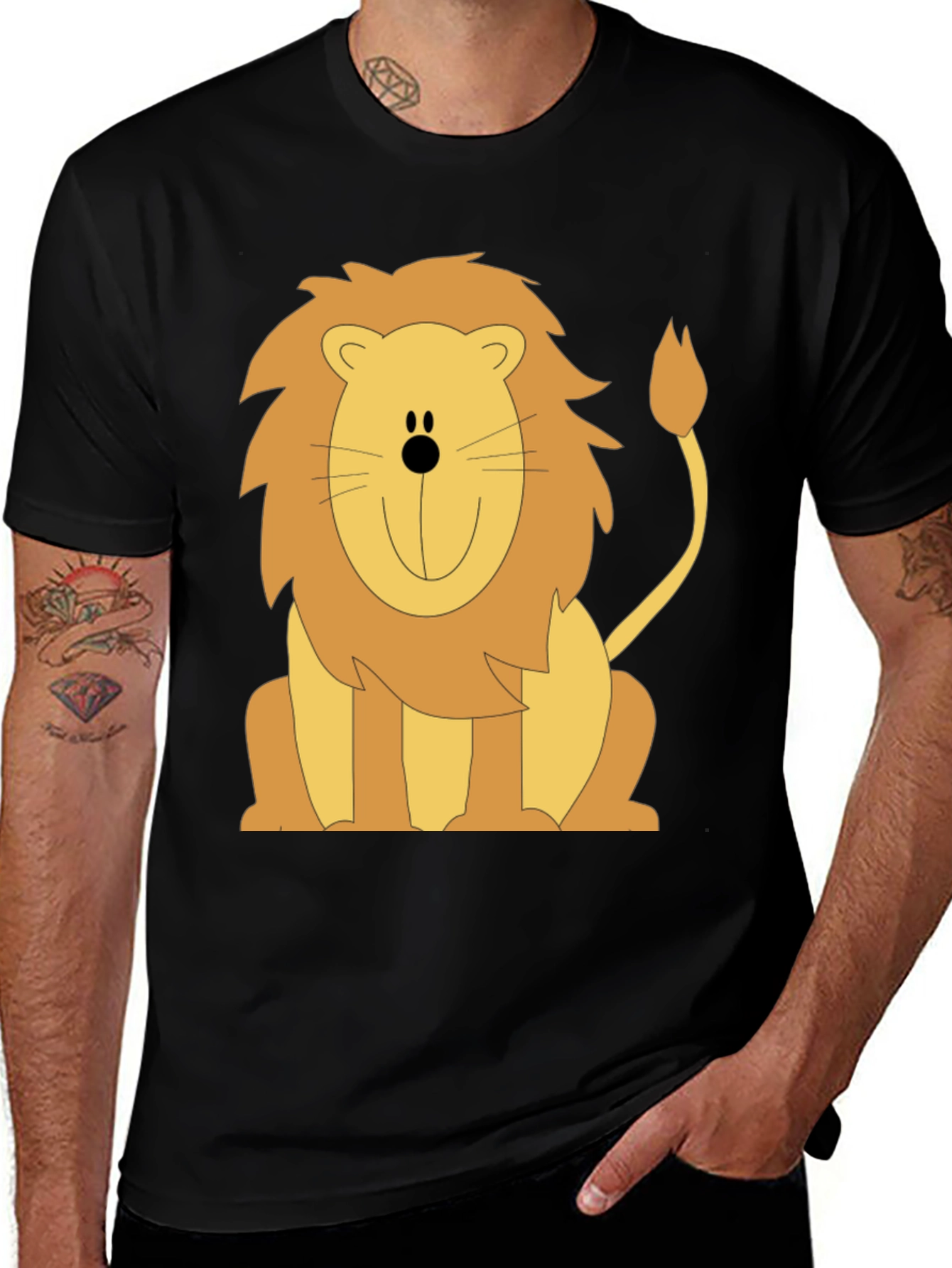 Cartoon Lion Graphic T-Shirt - Black Cotton Tee