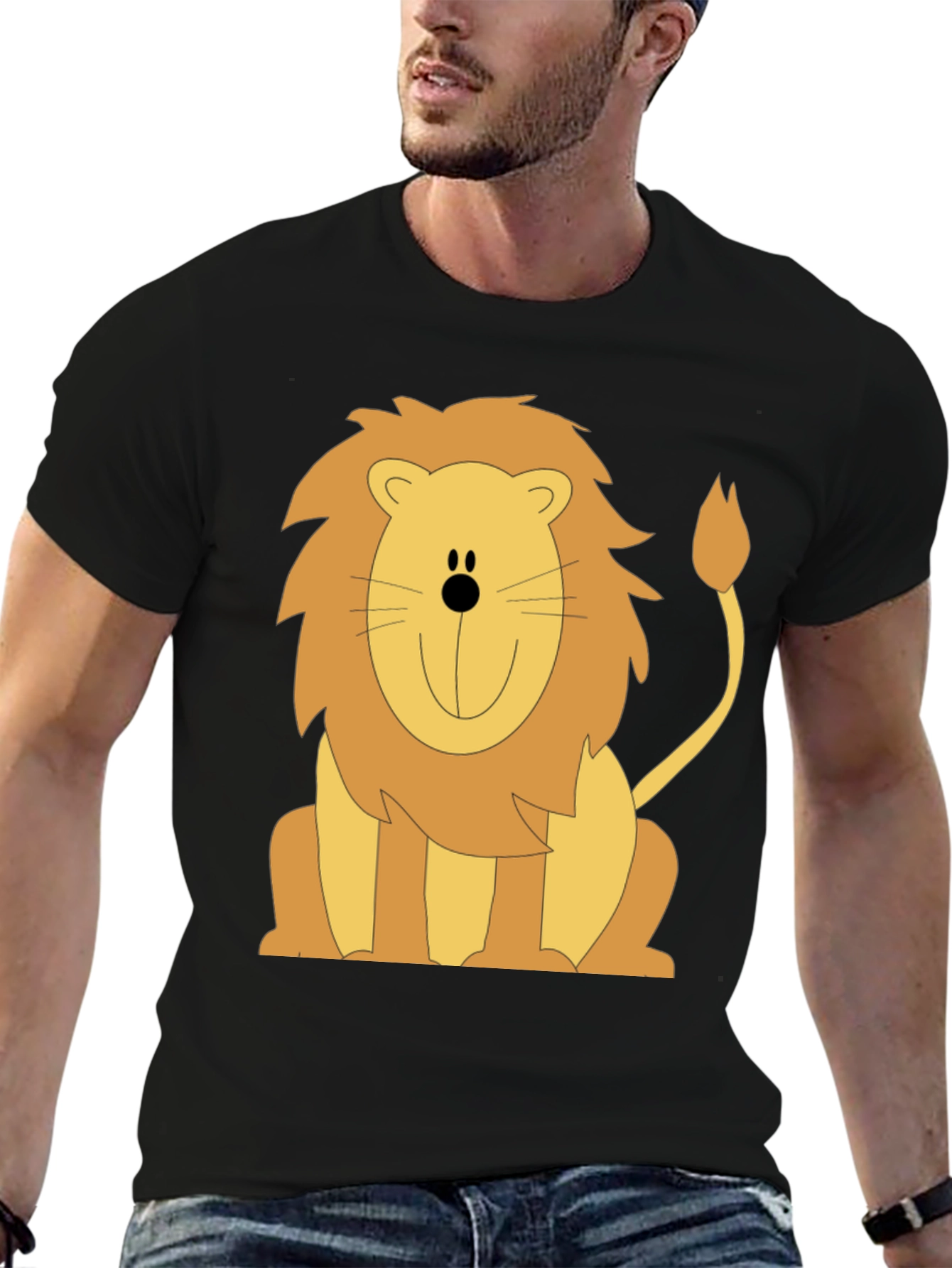 Cartoon Lion Graphic T-Shirt - Black Cotton Tee