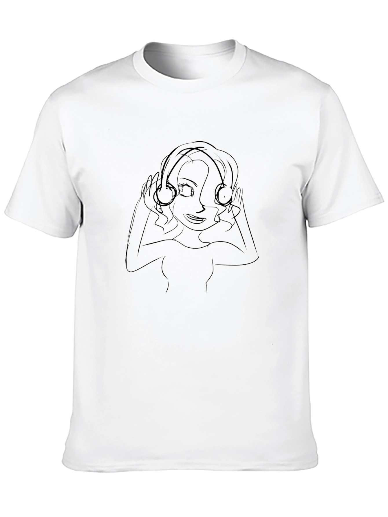 Line Art Girl with Headphones Black T-Shirt