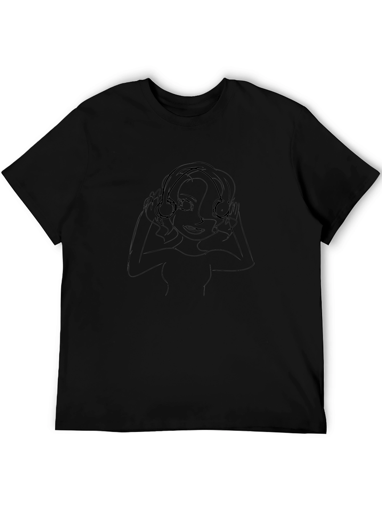Line Art Girl with Headphones Black T-Shirt