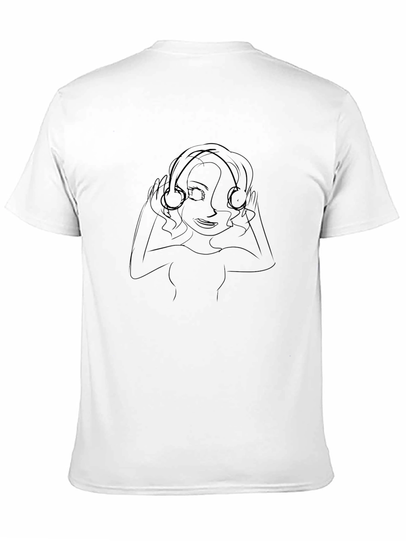 Line Art Girl with Headphones Black T-Shirt