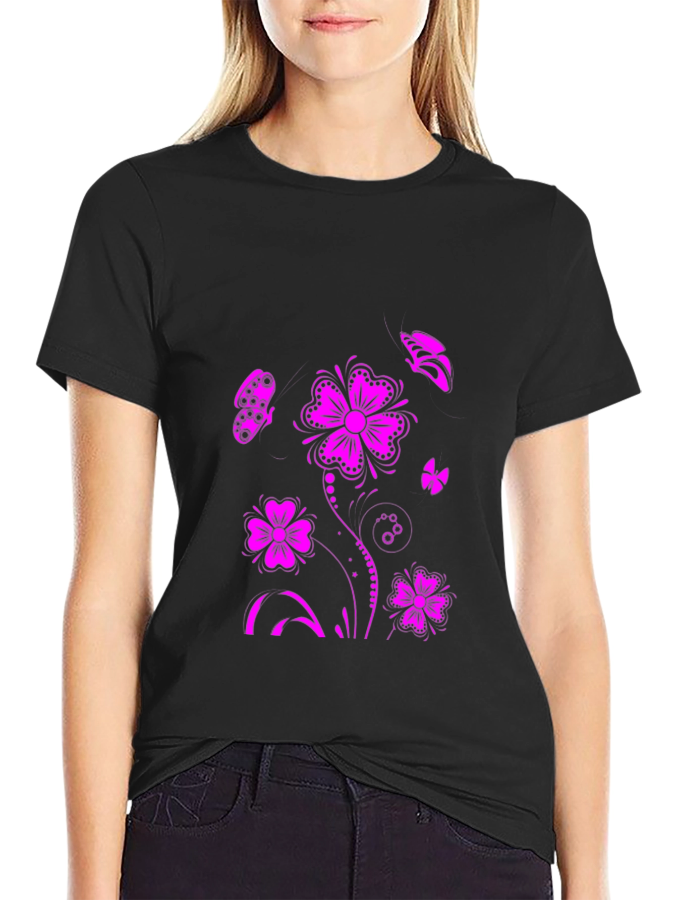 Floral Butterfly Graphic T-Shirt - Black