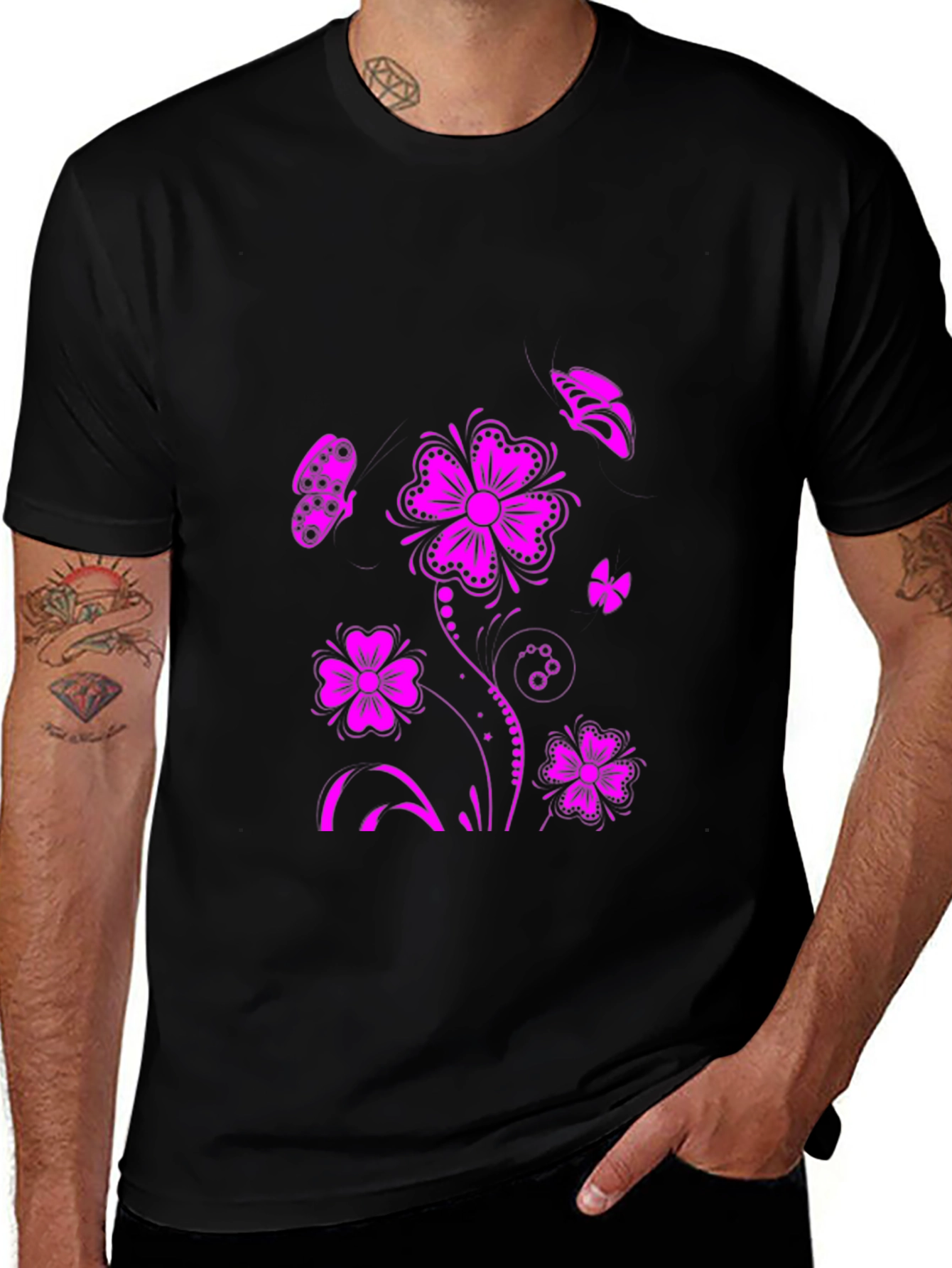 Floral Butterfly Graphic T-Shirt - Black
