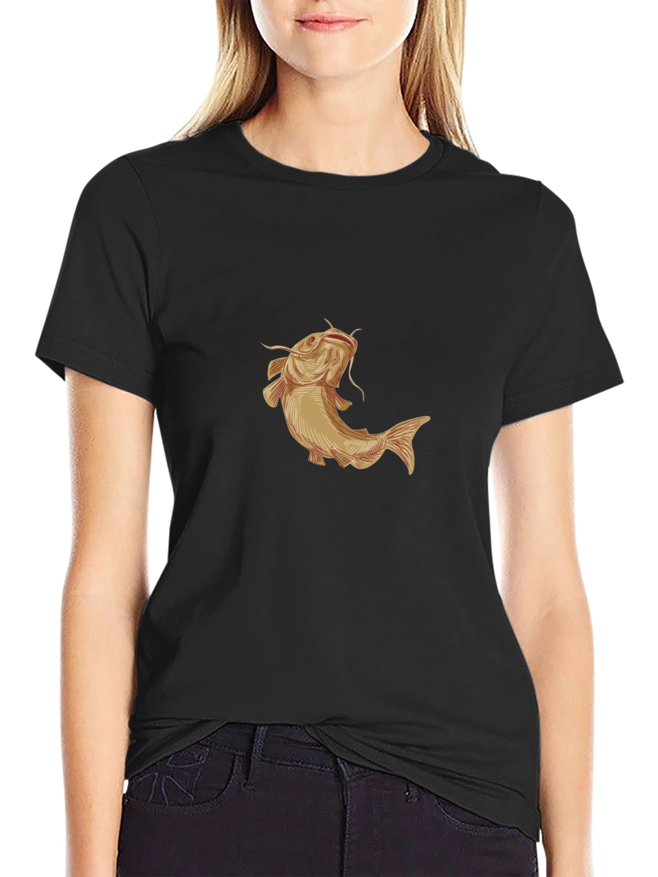 Mens Black T-Shirt with Gold Catfish Graphic