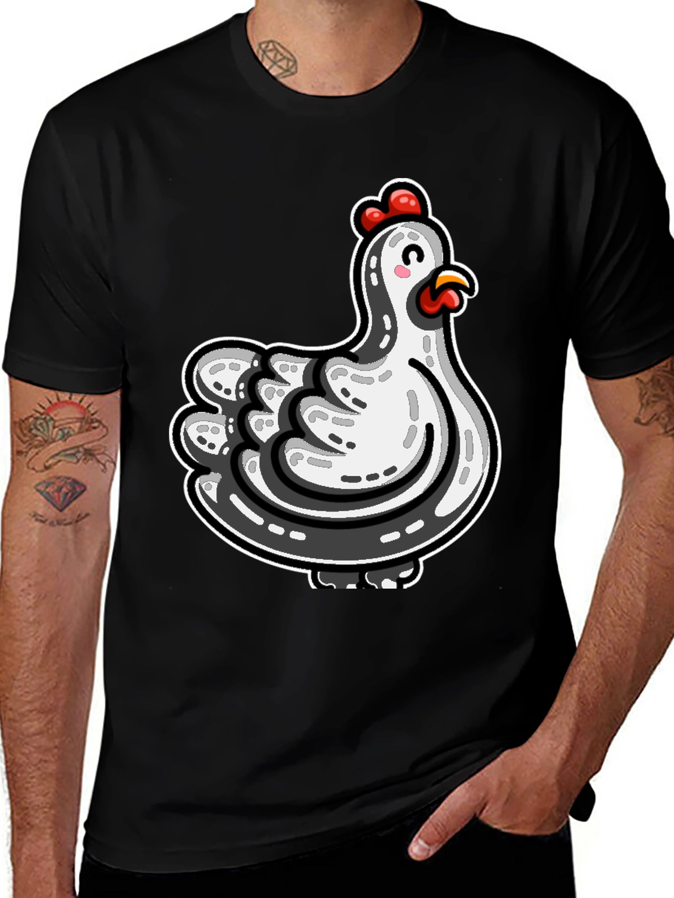 Cute Cartoon Chicken Graphic Tee - Black