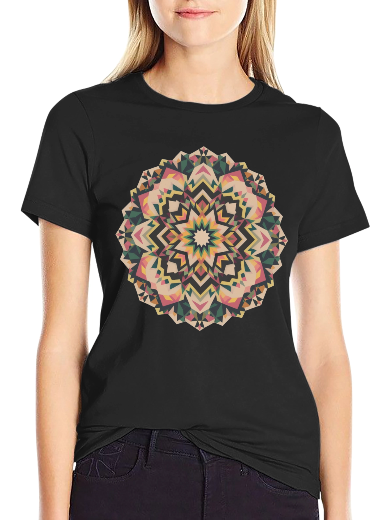 Geometric Mandala Print Black Tee