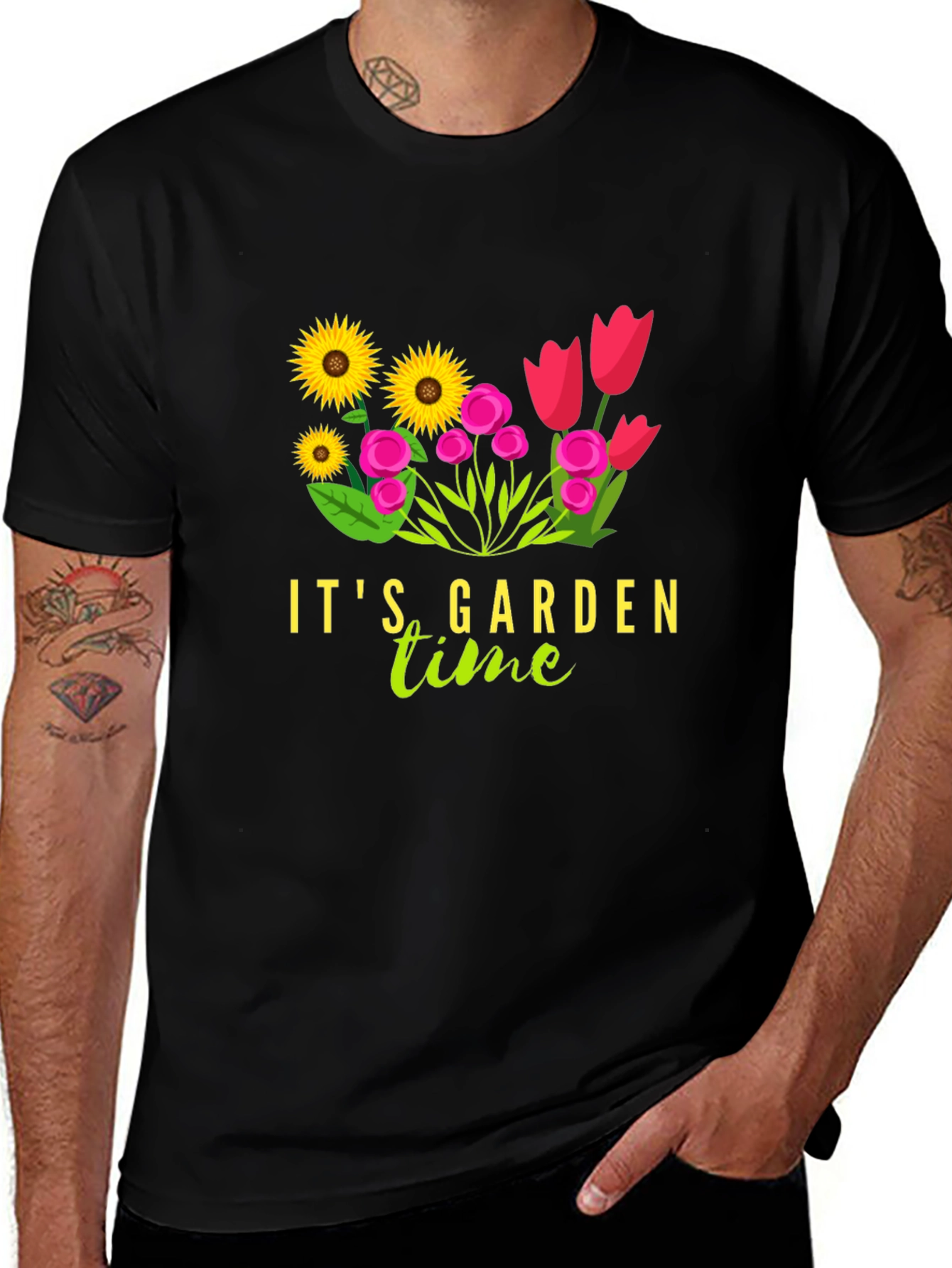 Its Garden Time Graphic Tee - Black Cotton T-Shirt