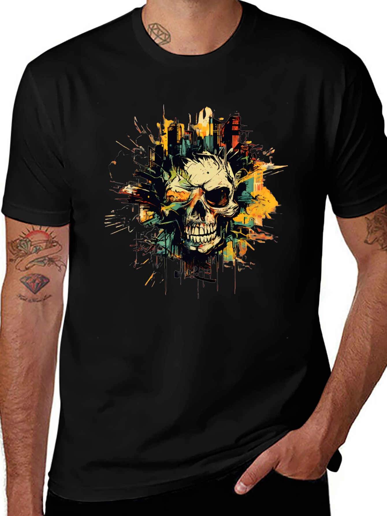 Skull City Graphic Tee - Black Cotton