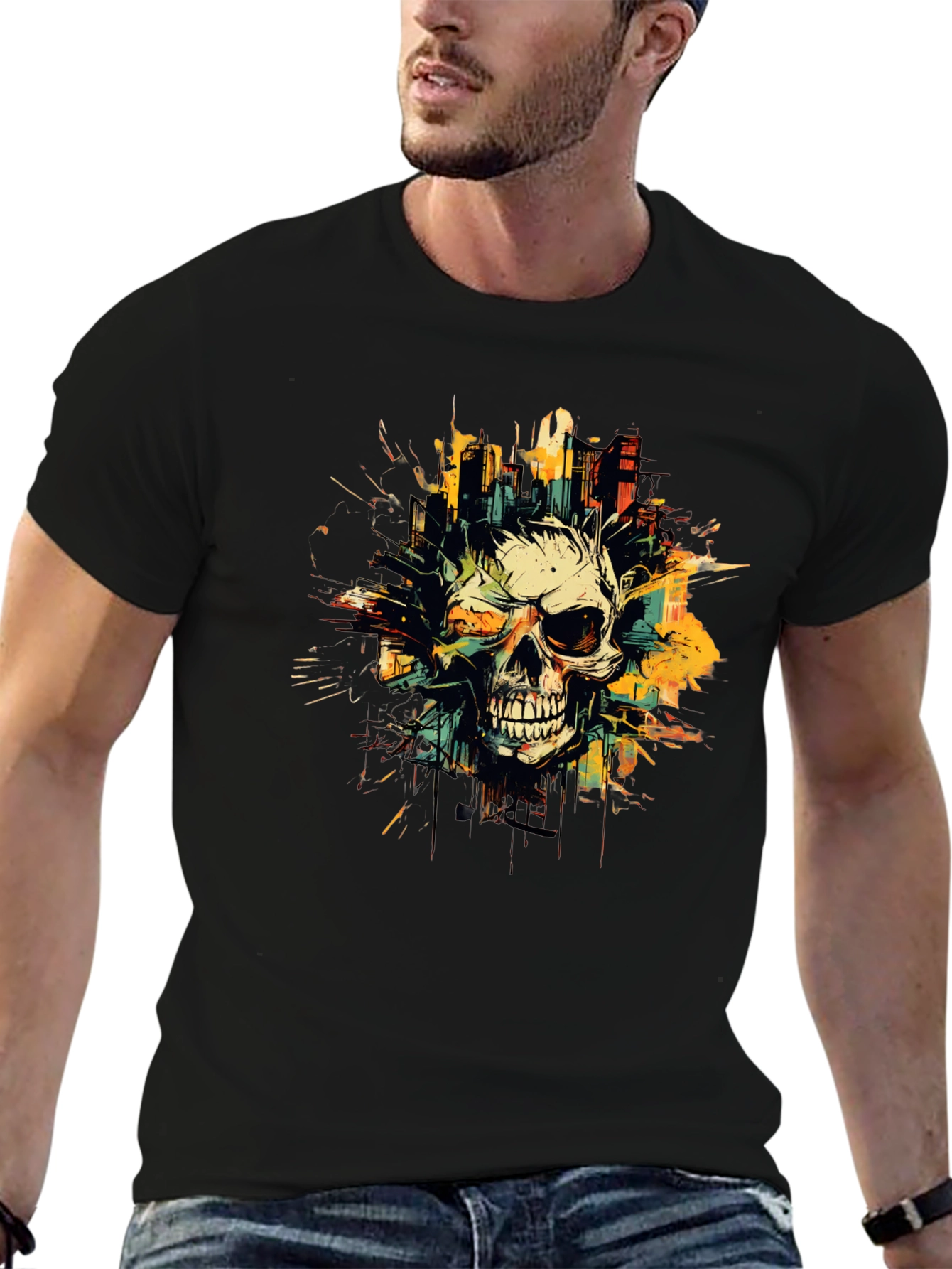 Skull City Graphic Tee - Black Cotton