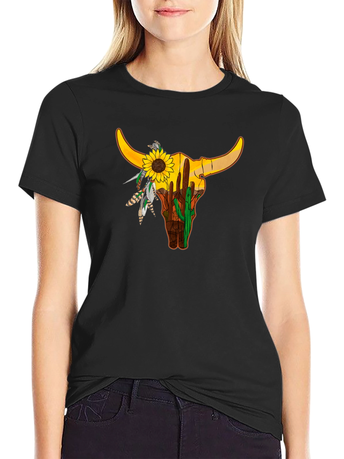Bull Skull Sunflower Graphic Tee