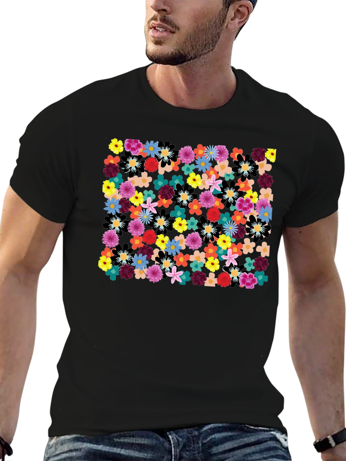 Floral Print Black Tee - Vibrant & Stylish