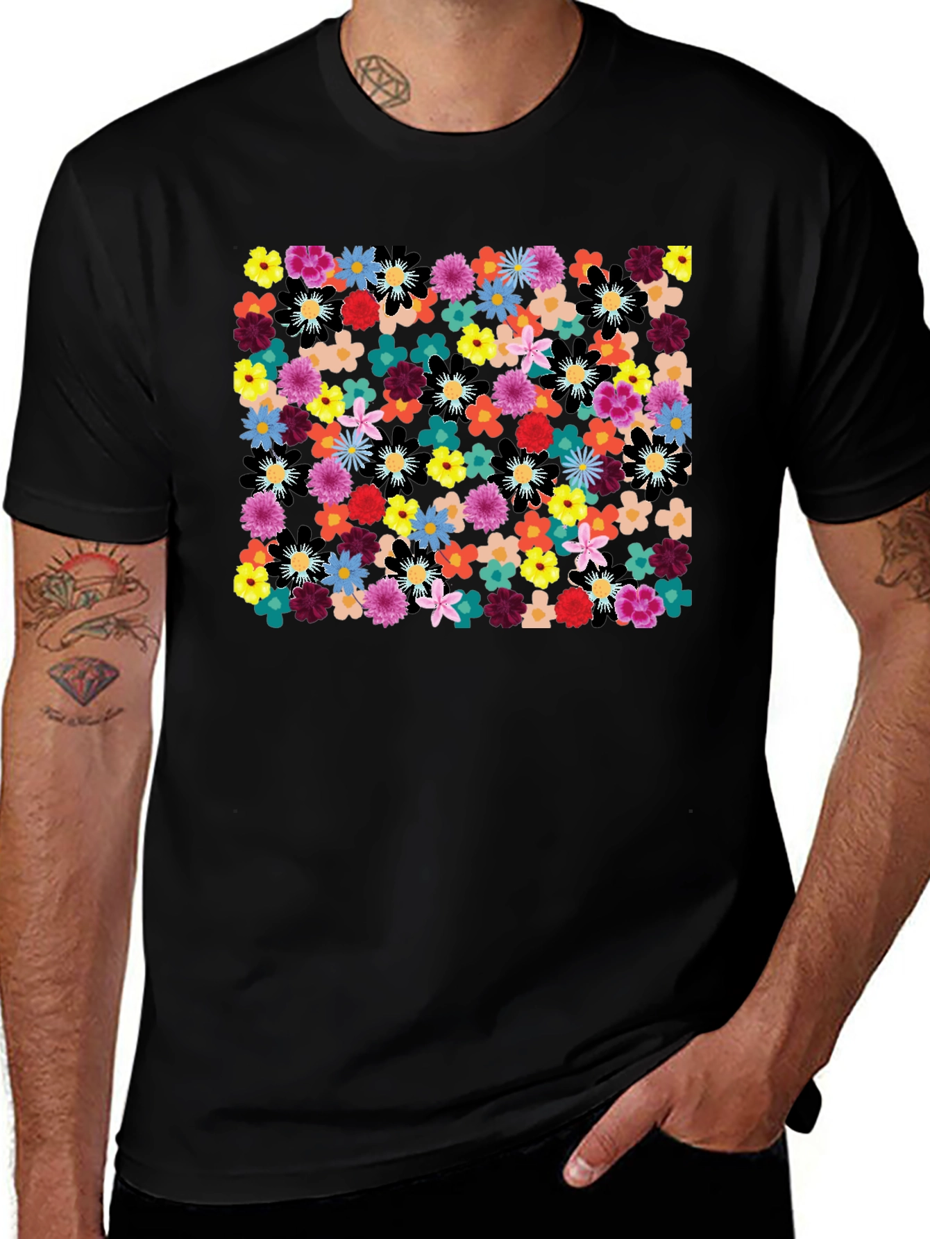 Floral Print Black Tee - Vibrant & Stylish