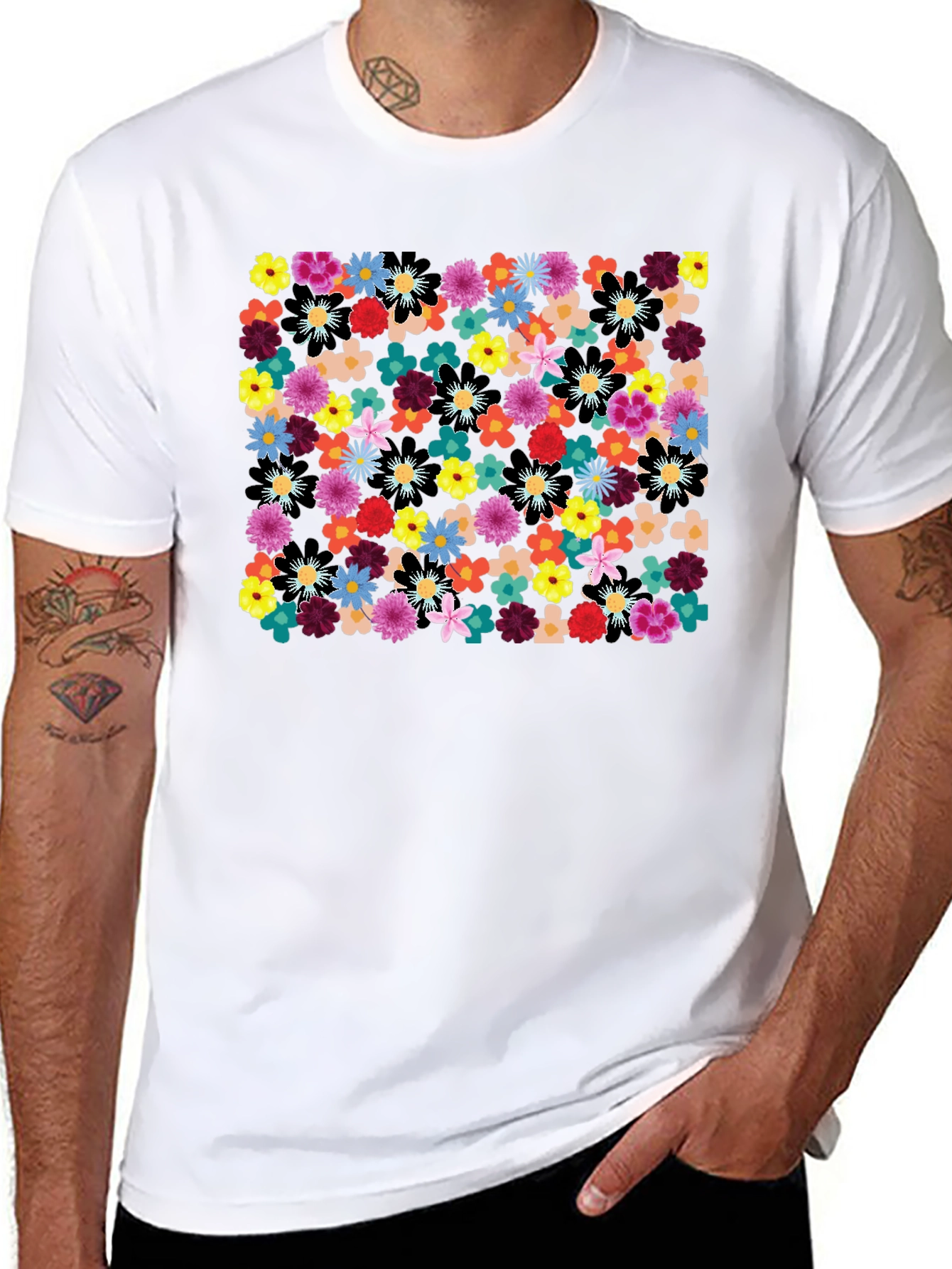 Floral Print Black Tee - Vibrant & Stylish