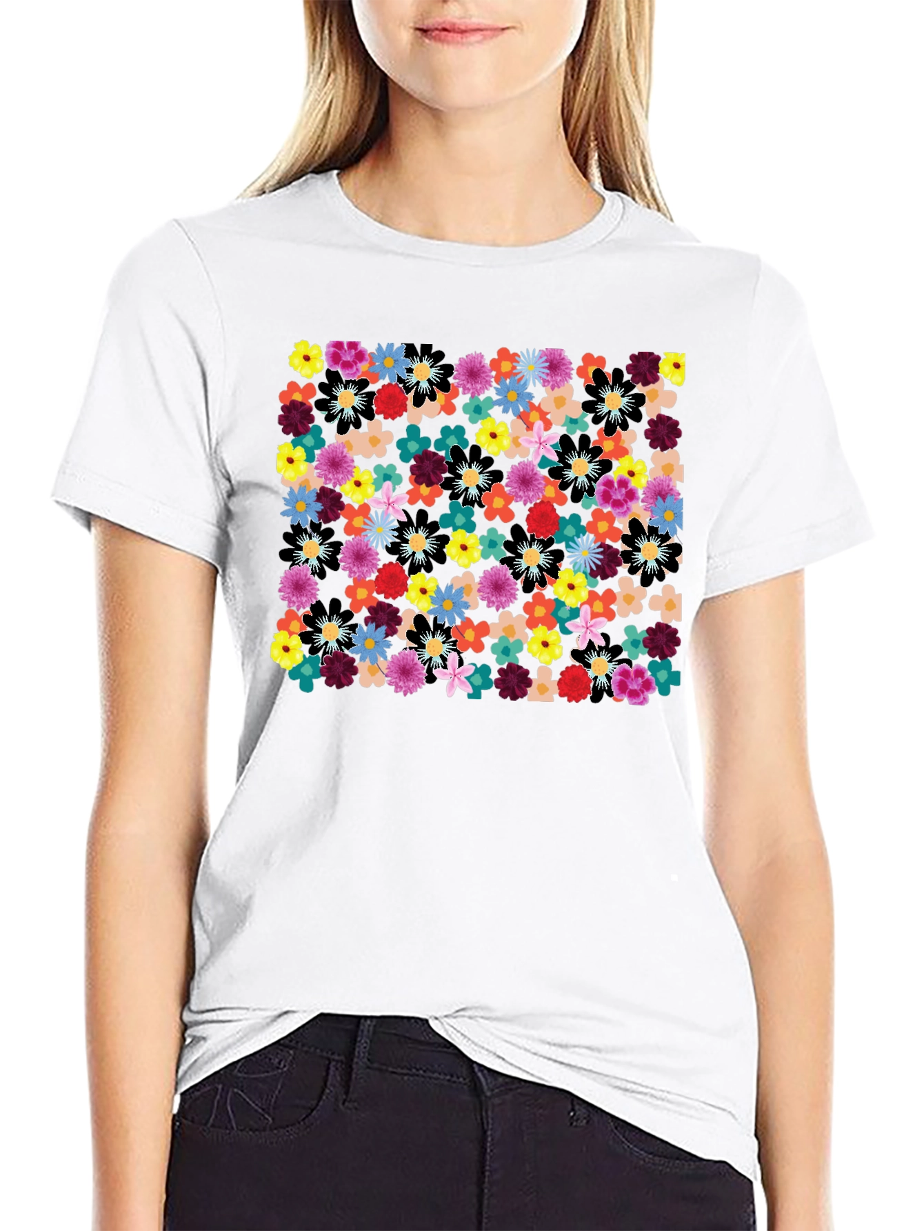 Floral Print Black Tee - Vibrant & Stylish