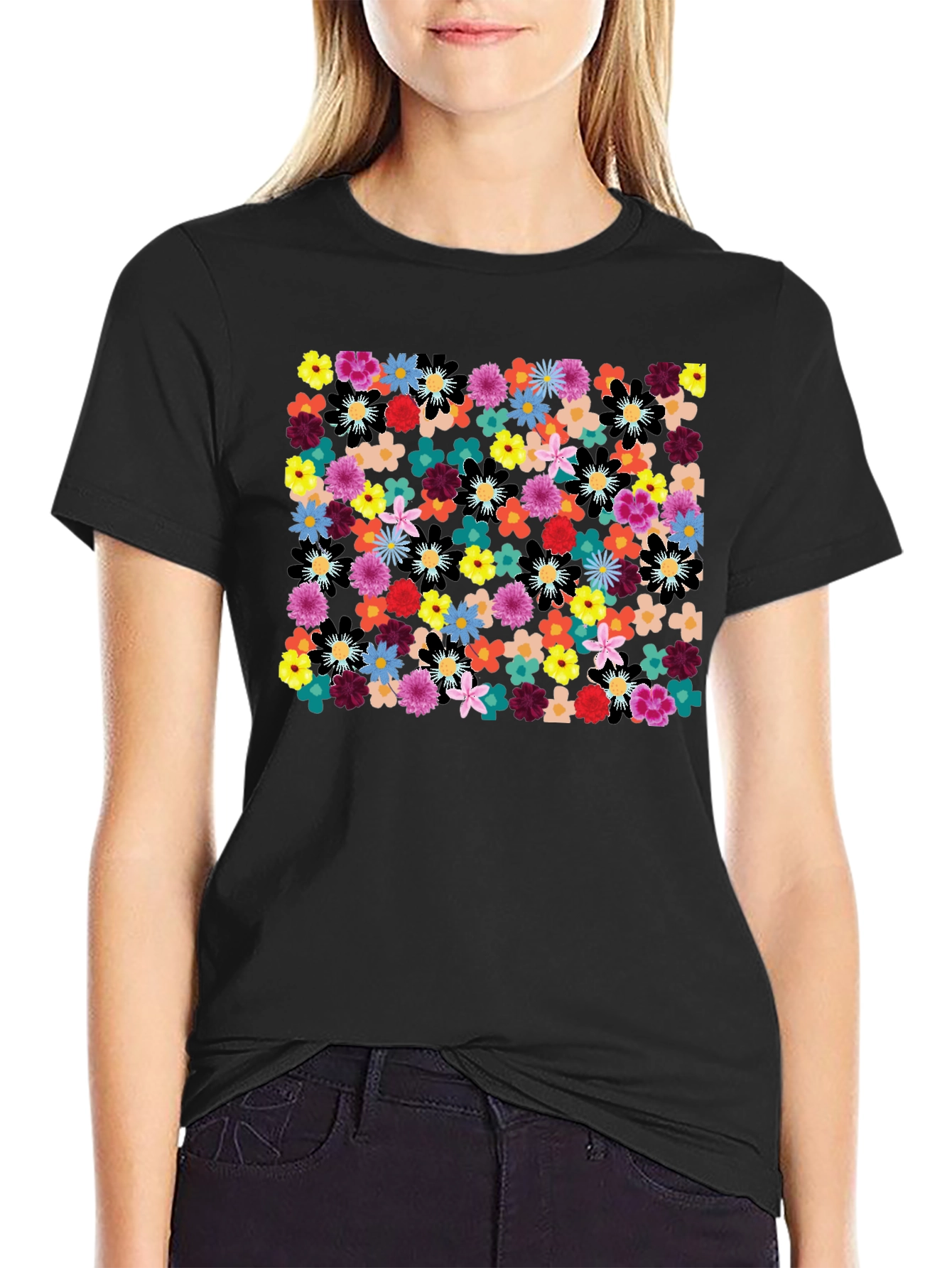 Floral Print Black Tee - Vibrant & Stylish