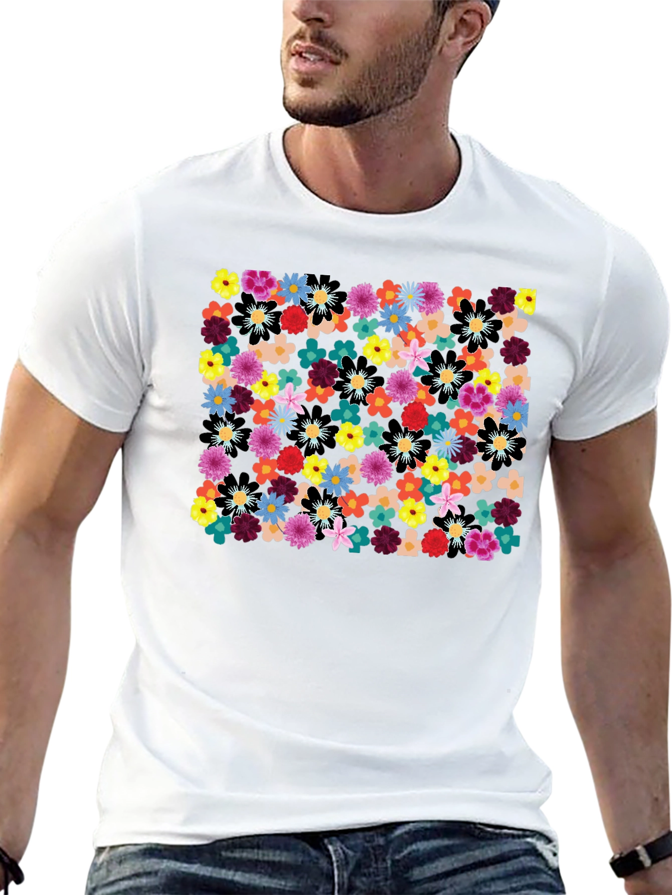 Floral Print Black Tee - Vibrant & Stylish