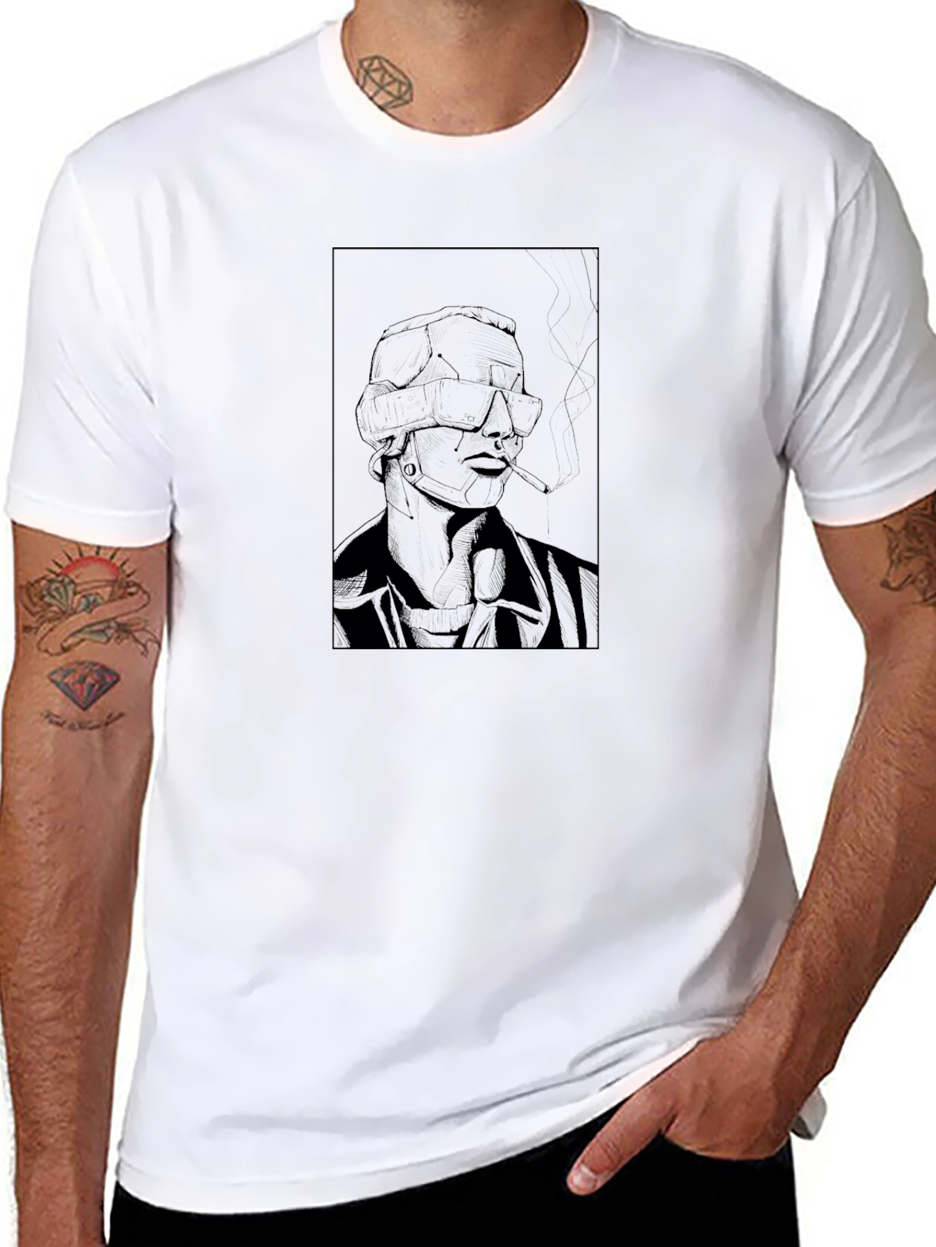 Edgy Cyberpunk Smoker Graphic Tee - Black