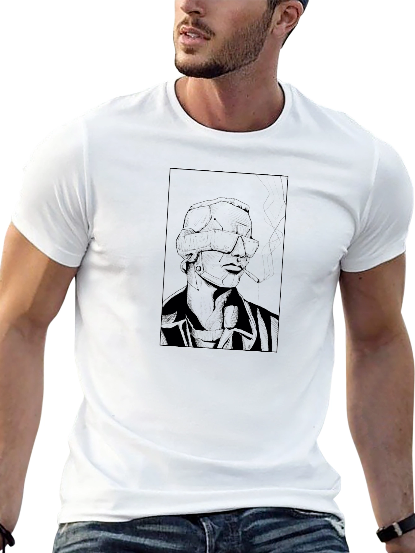 Edgy Cyberpunk Smoker Graphic Tee - Black