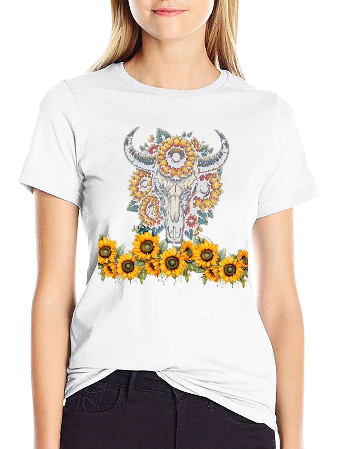 Sunflower Skull Graphic Tee - Western Style