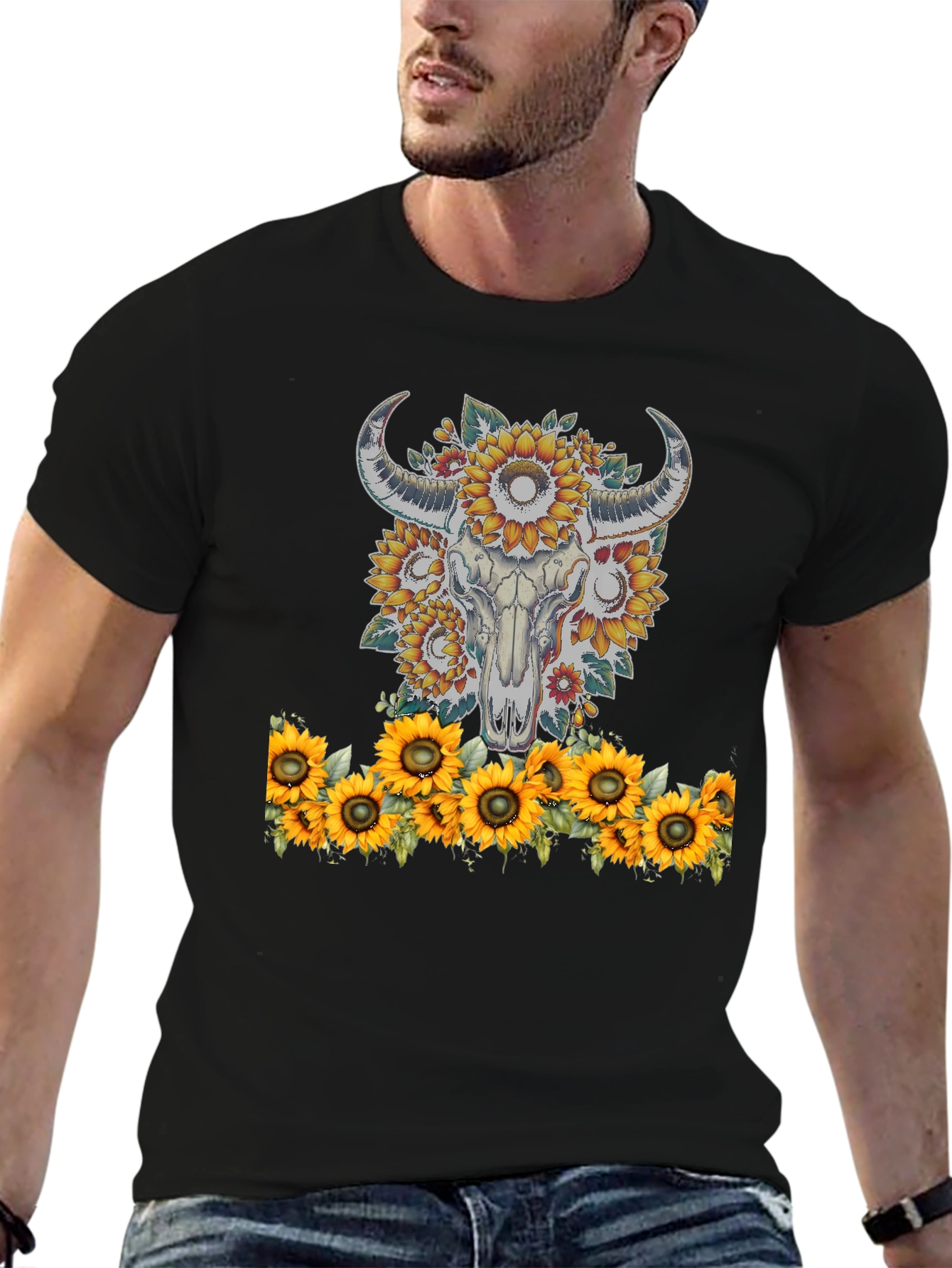 Sunflower Skull Graphic Tee - Western Style