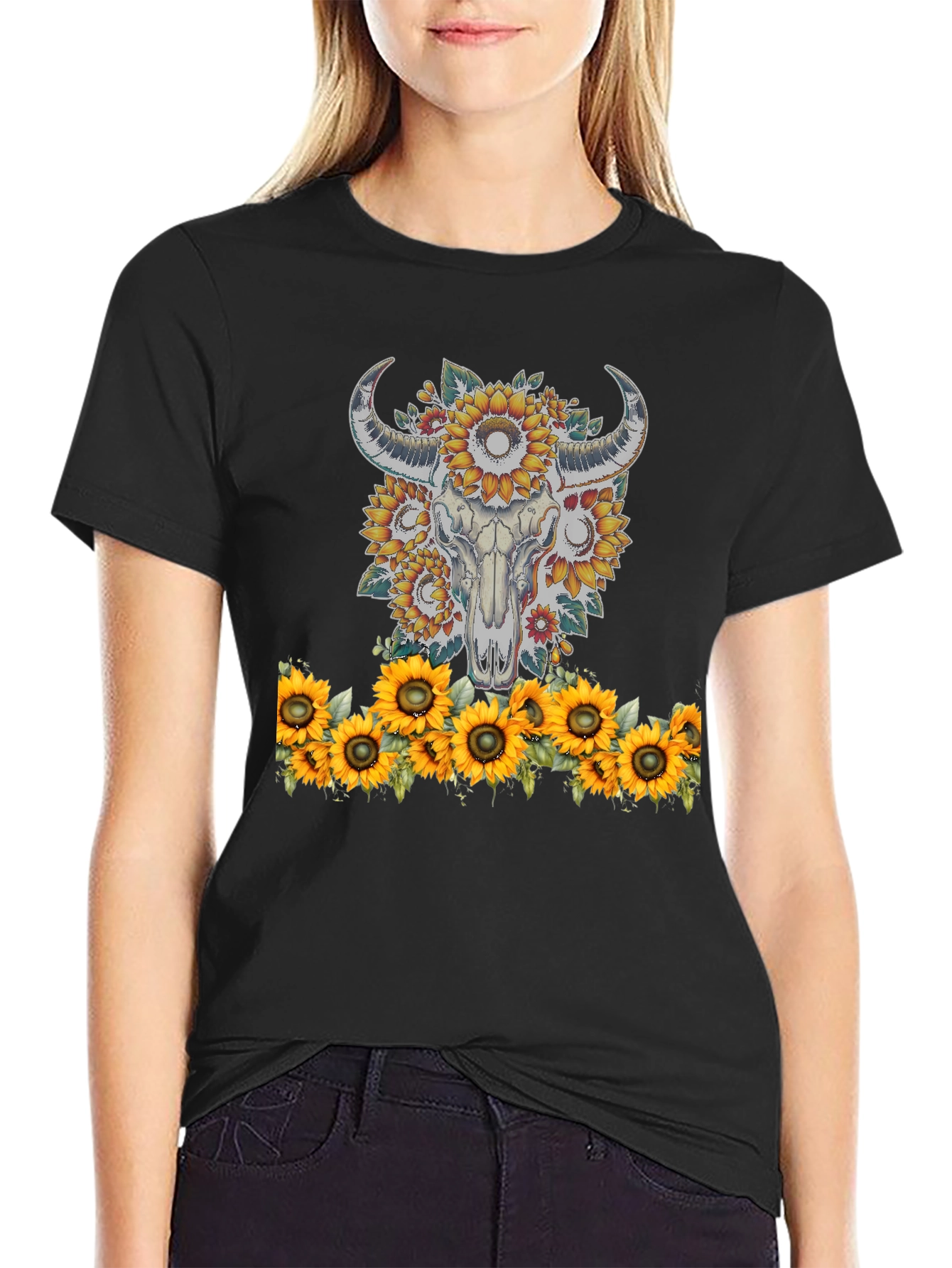 Sunflower Skull Graphic Tee - Western Style