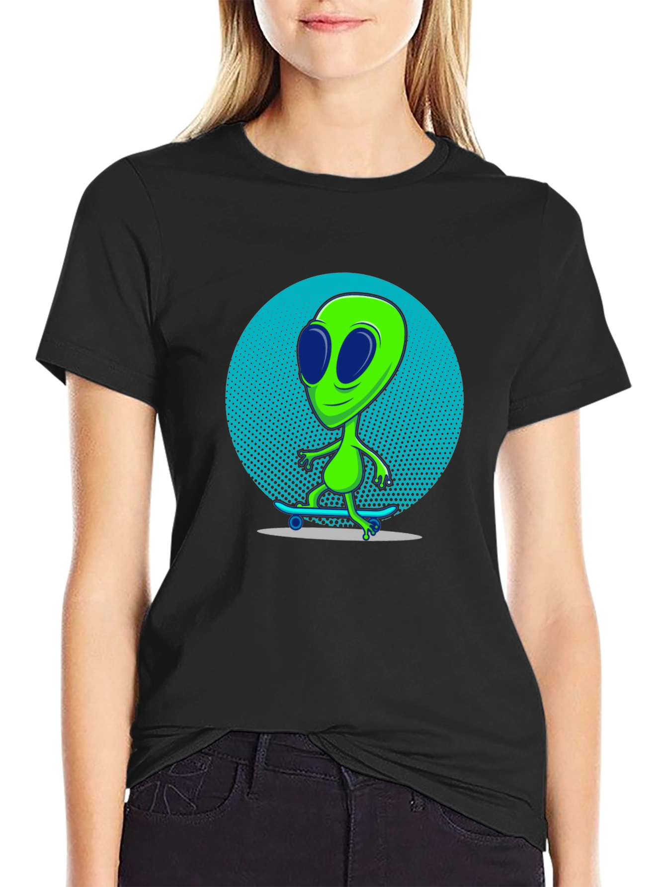 Alien Skateboarder Graphic T-Shirt - Black