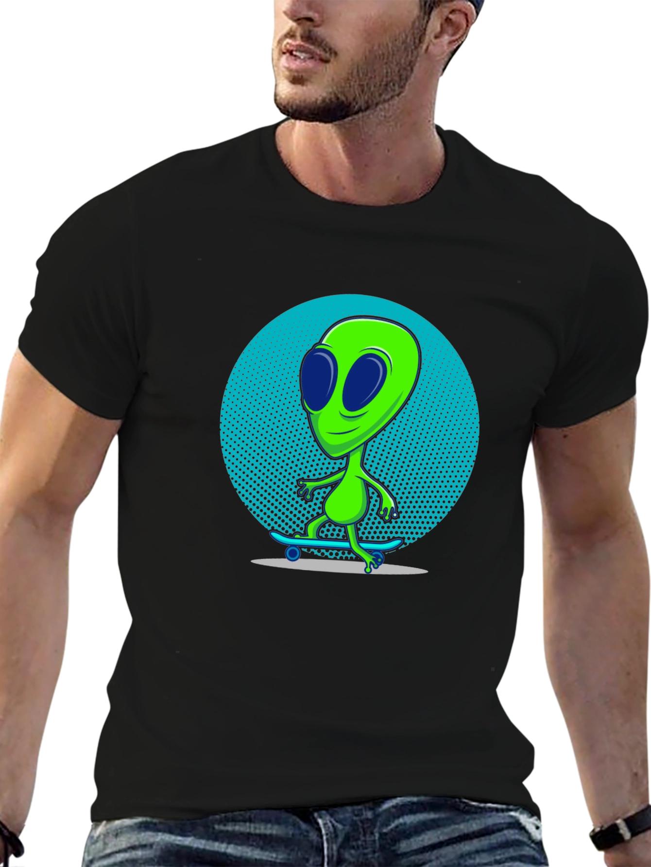 Alien Skateboarder Graphic T-Shirt - Black