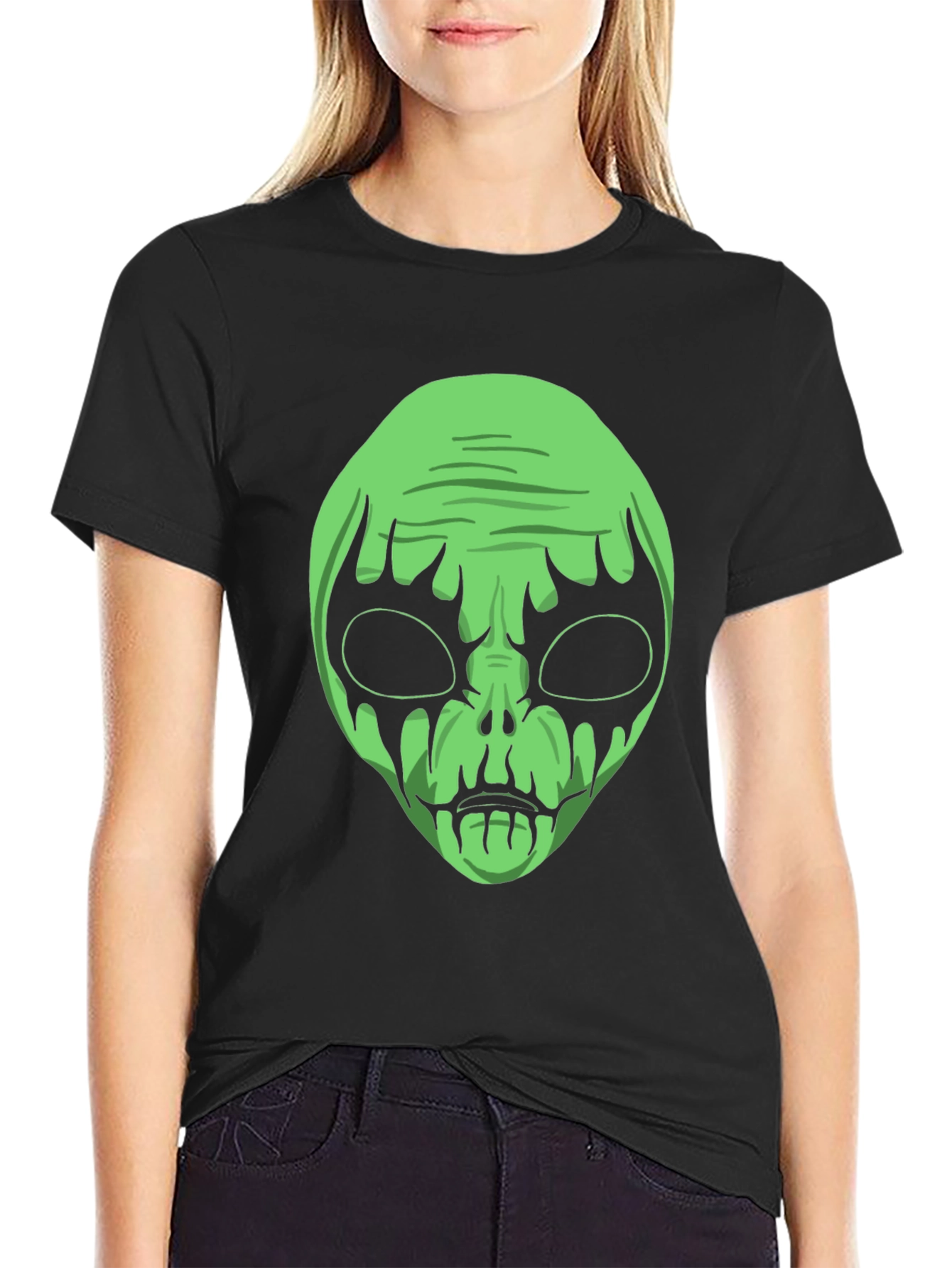 Green Alien Graphic Black T-Shirt