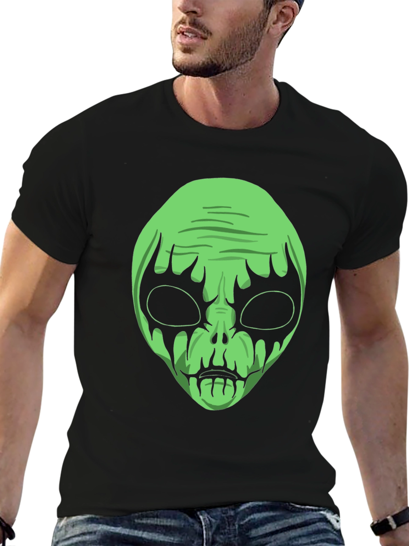 Green Alien Graphic Black T-Shirt