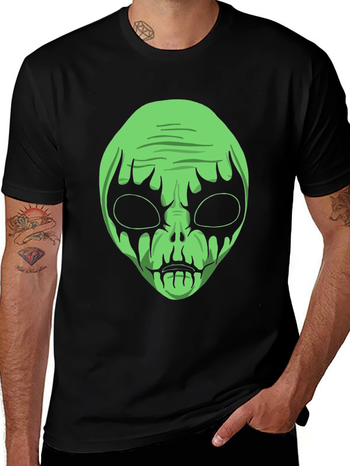 Green Alien Graphic Black T-Shirt