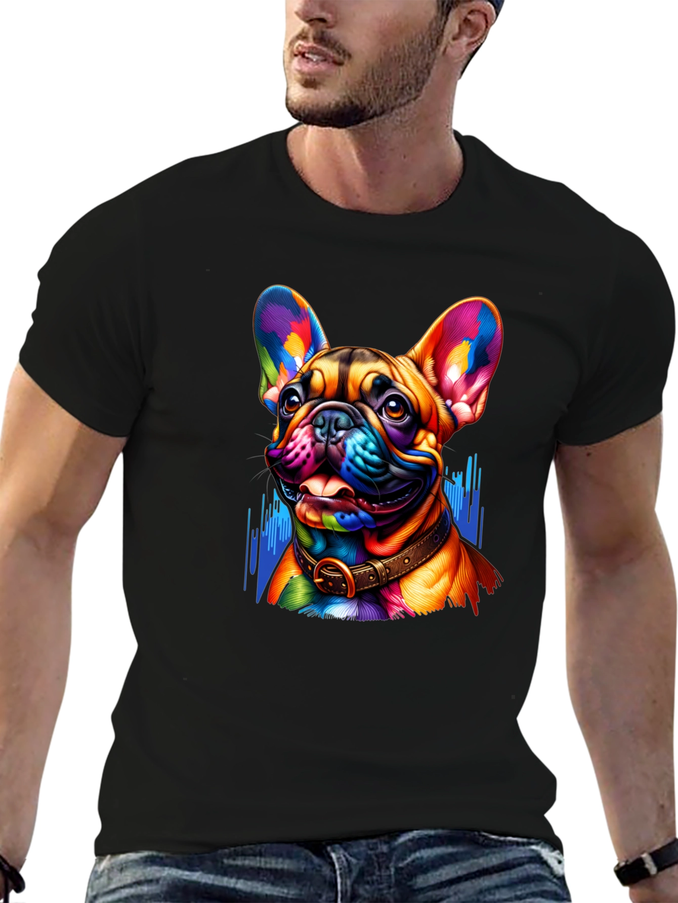 Vibrant French Bulldog Graphic Tee - Mens Black T-Shirt