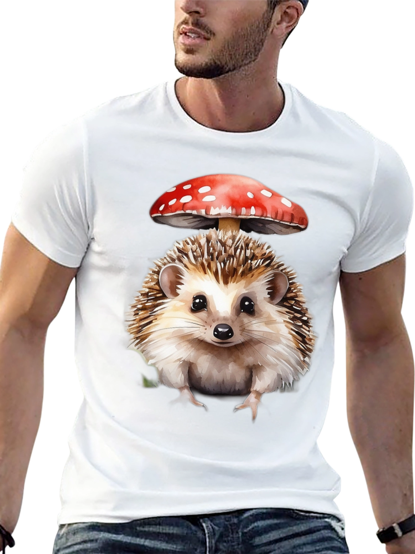 Hedgehog with Mushroom Hat Graphic T-Shirt