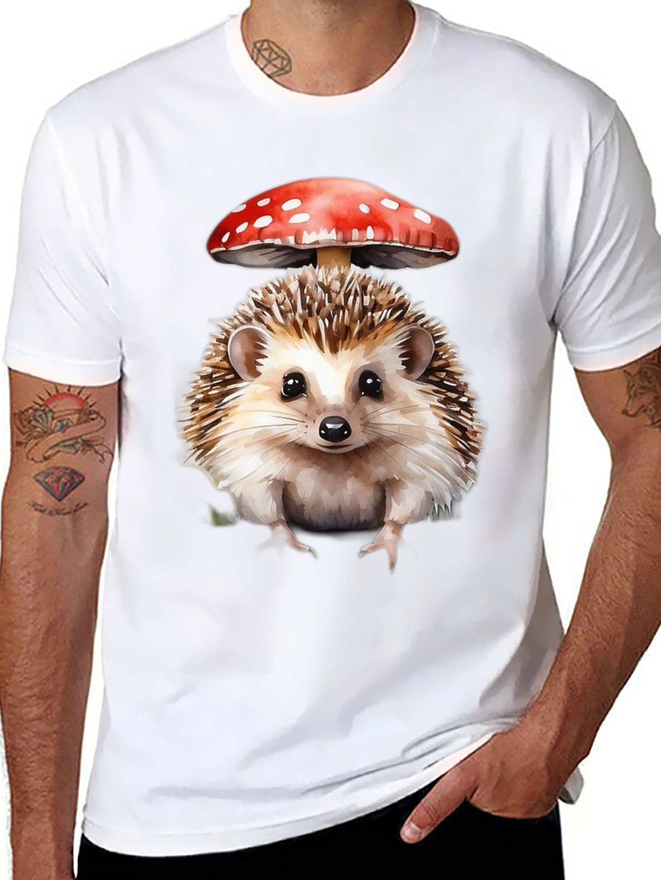 Hedgehog with Mushroom Hat Graphic T-Shirt