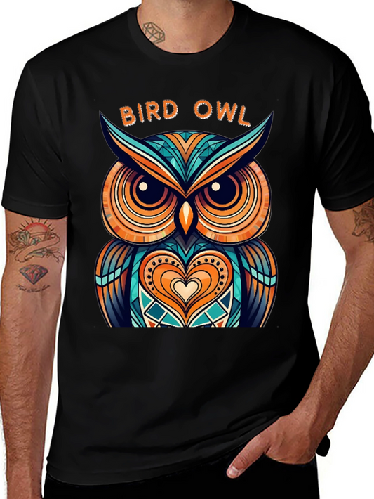 Abstract Bird Owl Graphic Tee - Stylish Mens Black T-Shirt