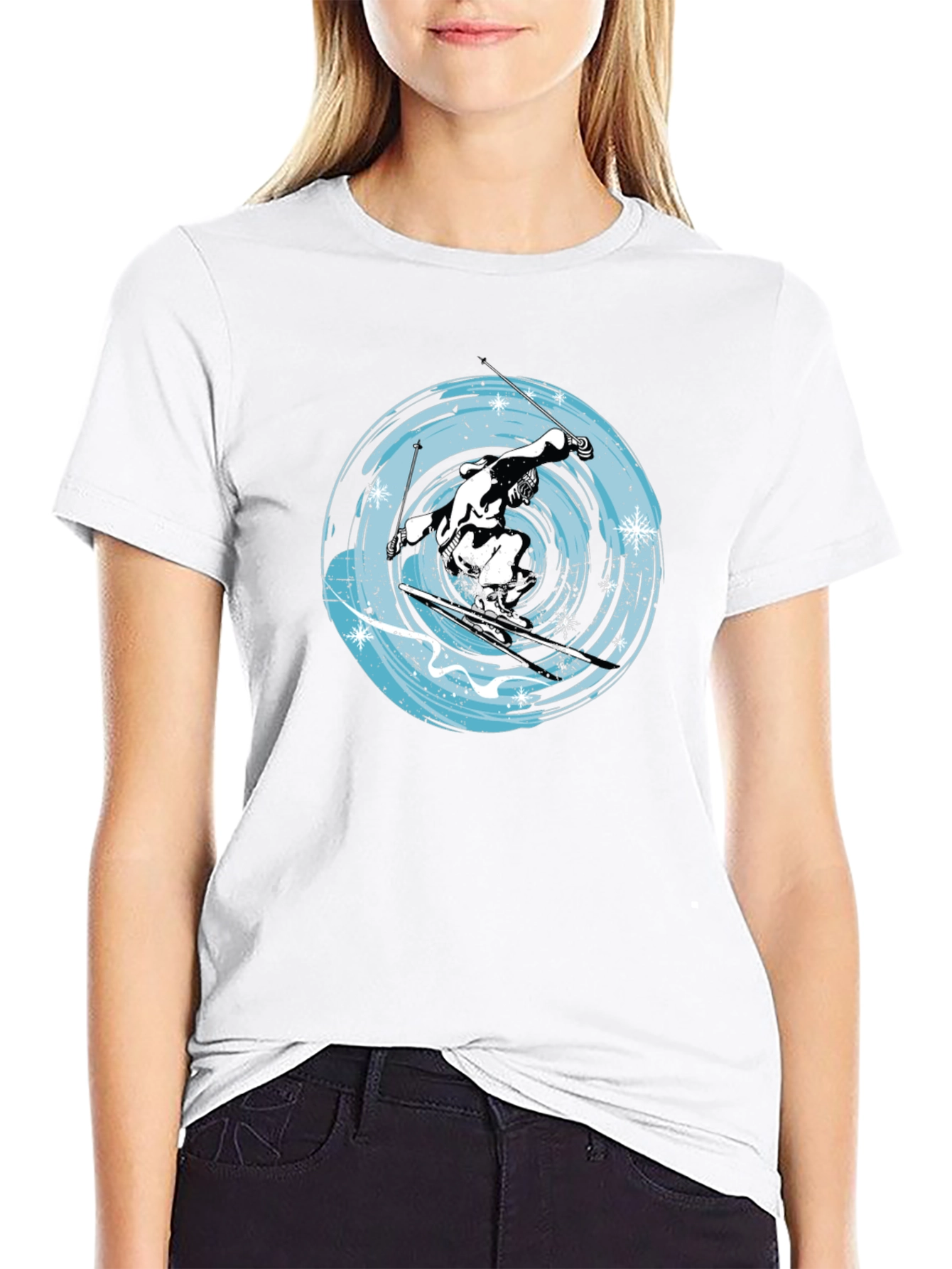Skiing Graphic Tee - Black Cotton Blend Shirt
