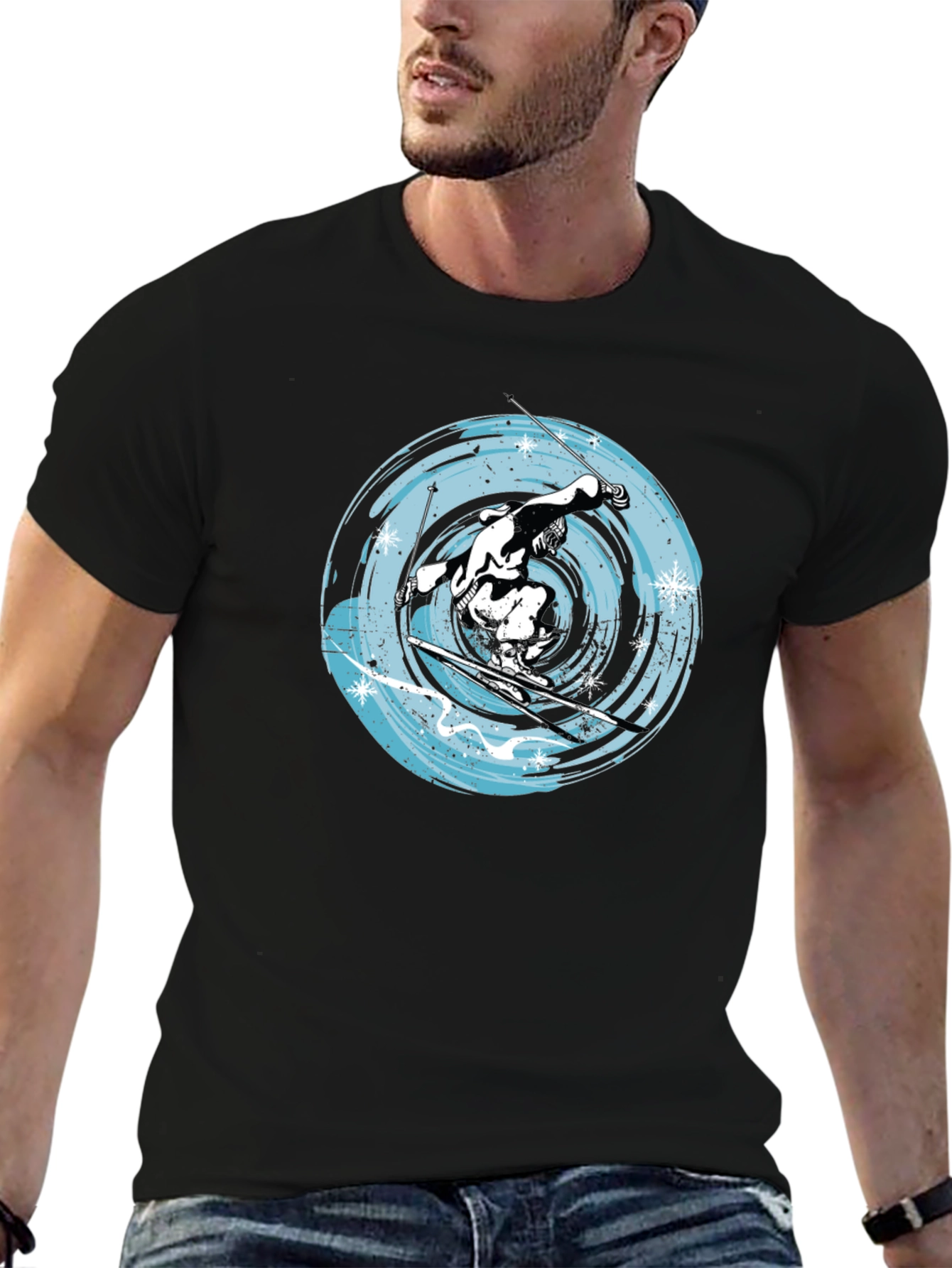 Skiing Graphic Tee - Black Cotton Blend Shirt