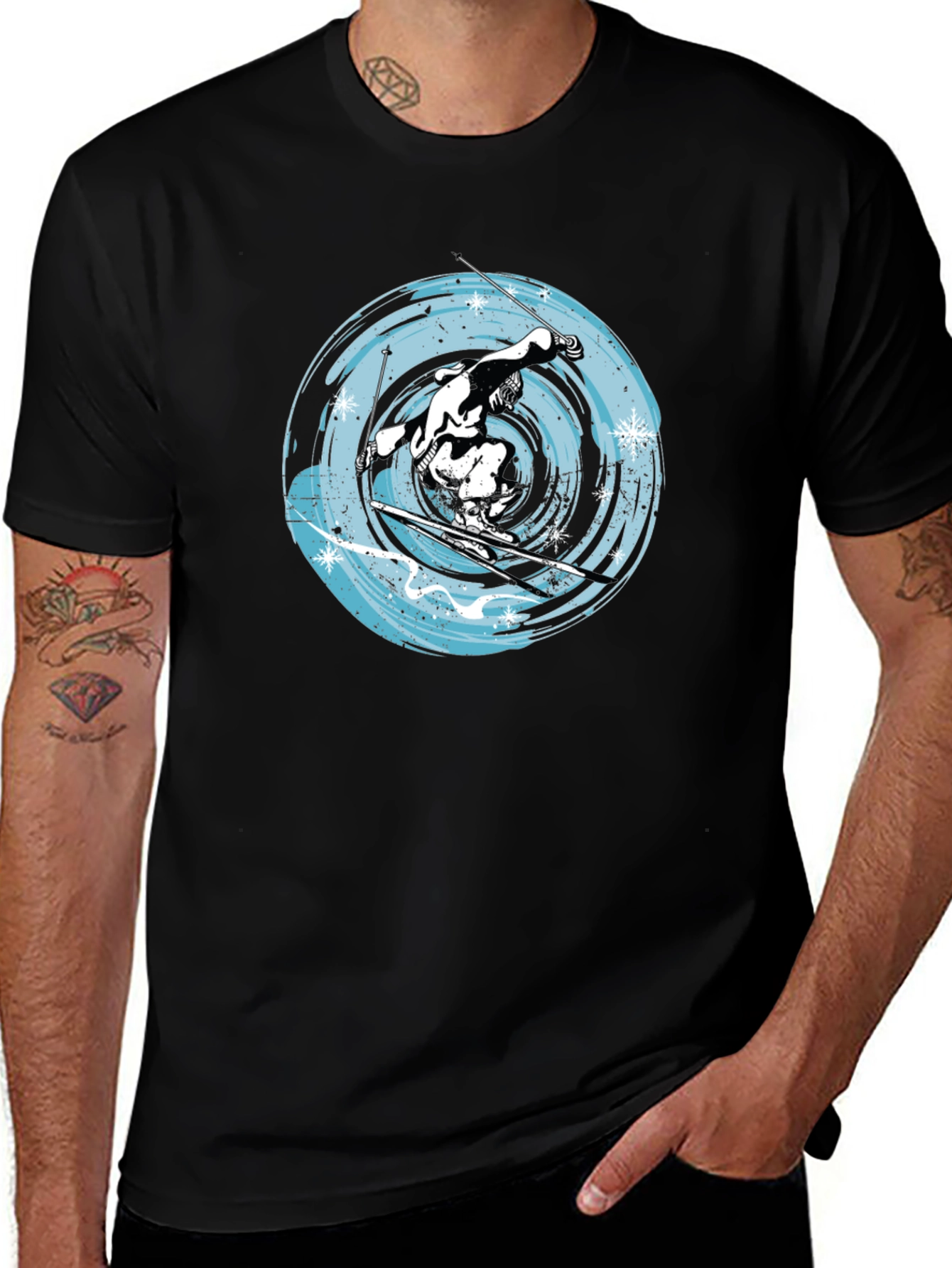 Skiing Graphic Tee - Black Cotton Blend Shirt