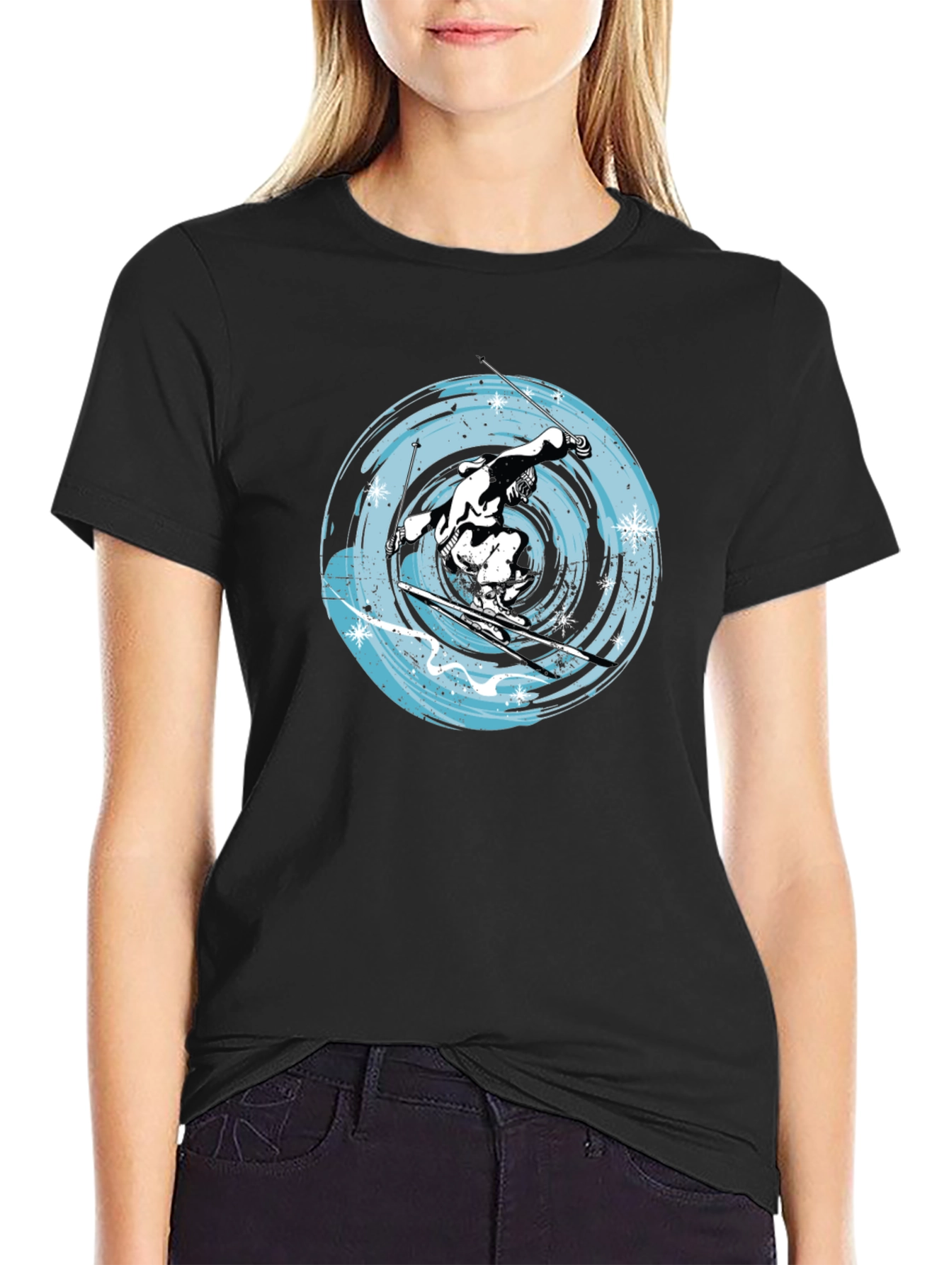 Skiing Graphic Tee - Black Cotton Blend Shirt