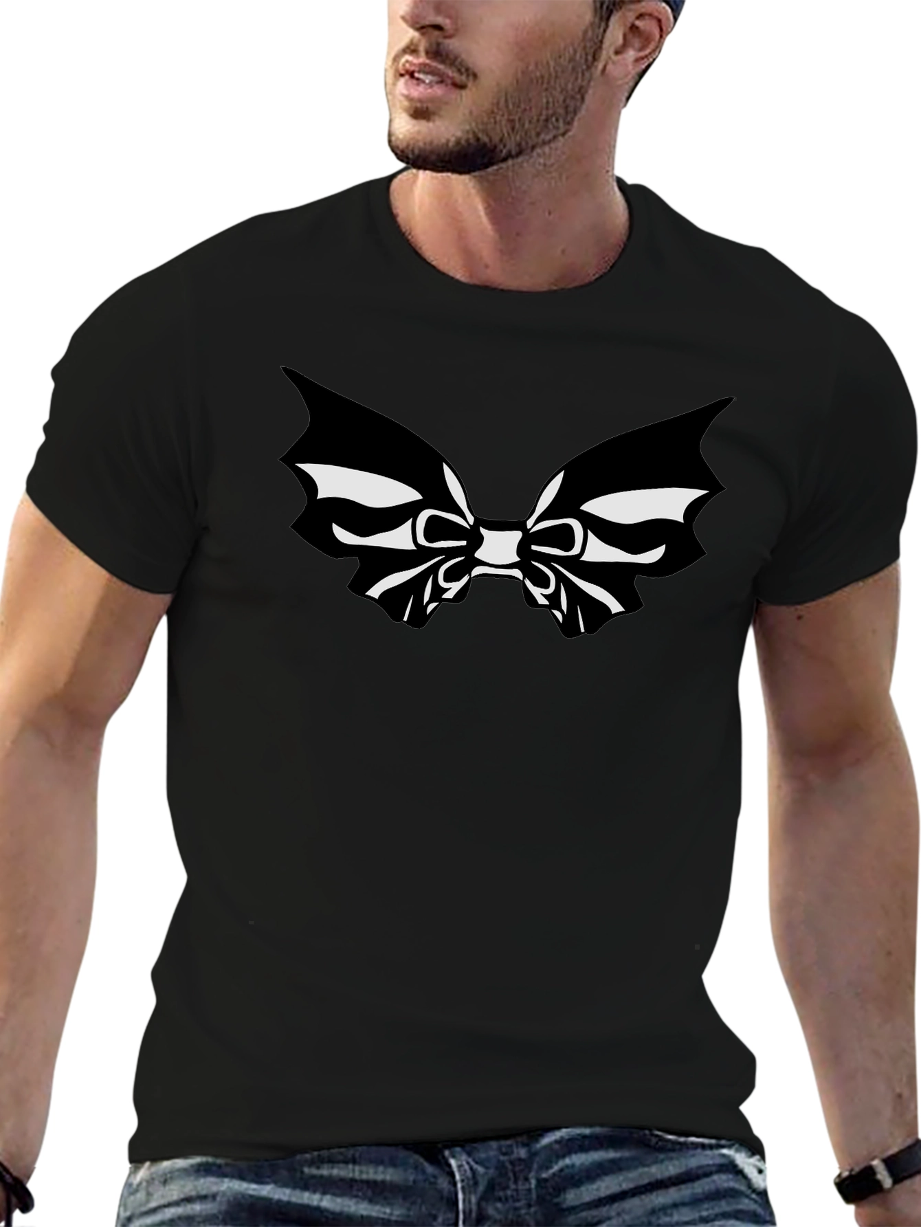 Black T-Shirt with Bat Bowtie Graphic