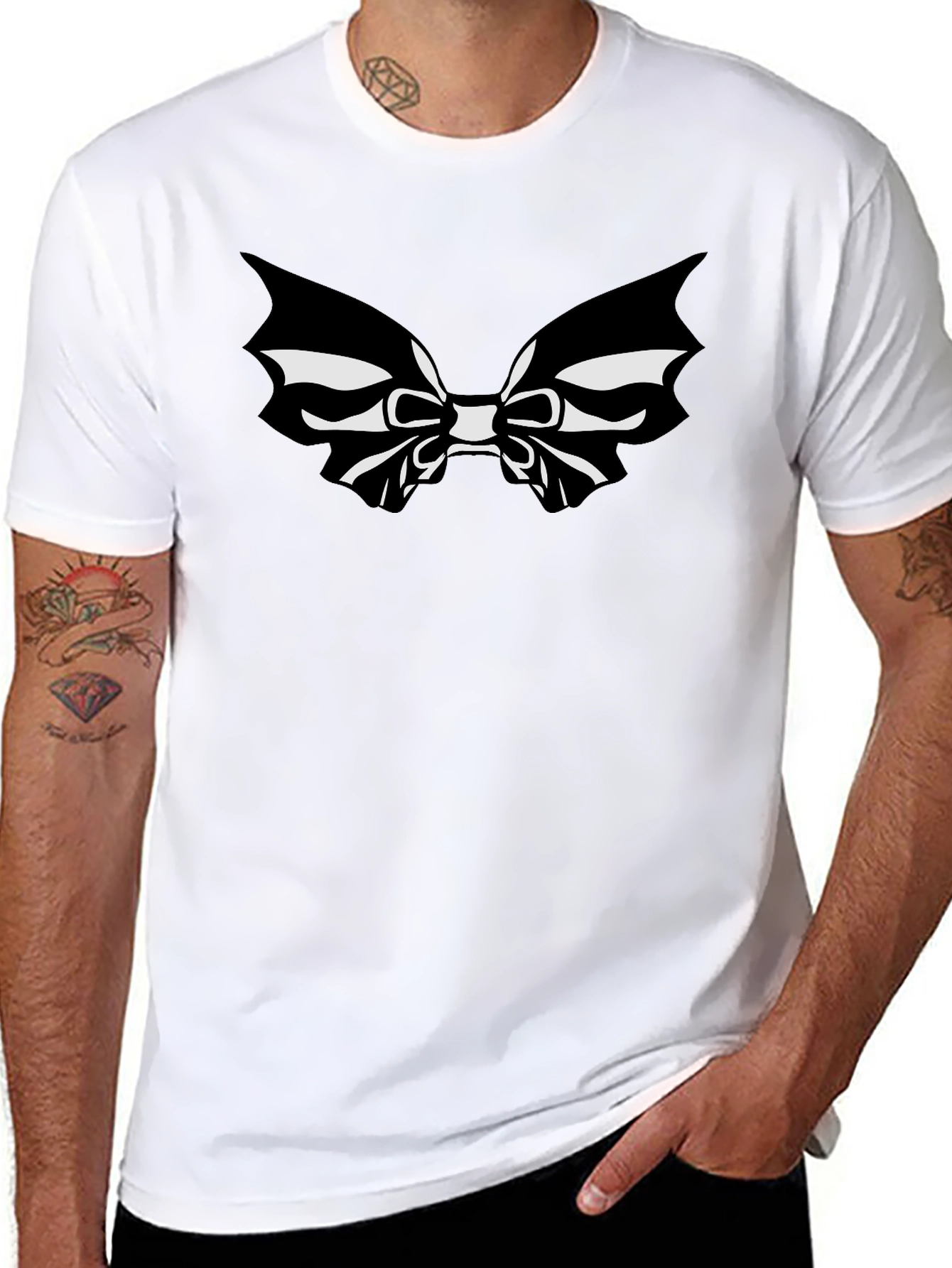 Black T-Shirt with Bat Bowtie Graphic