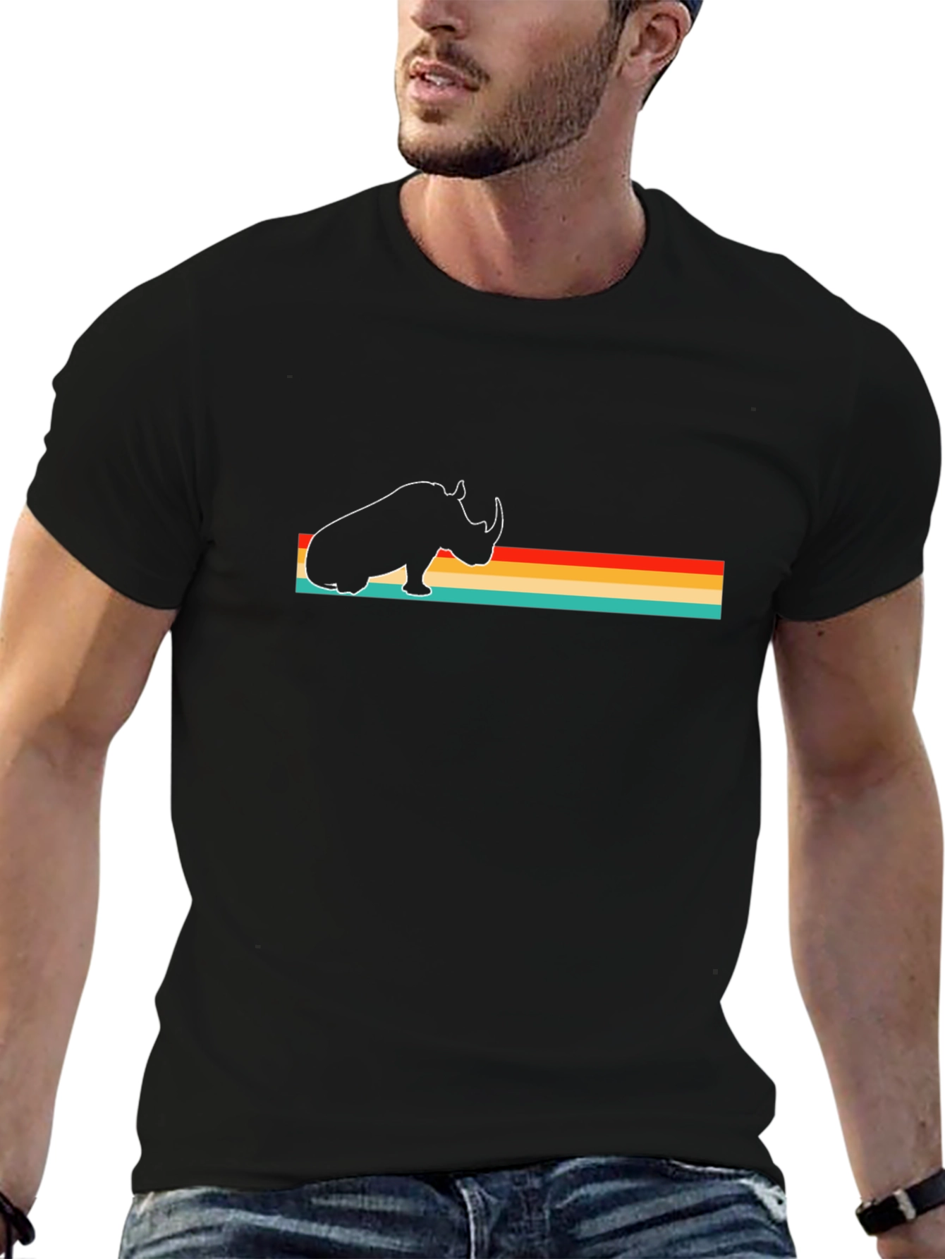 Retro Rhino Graphic Tee - Black Cotton T-Shirt